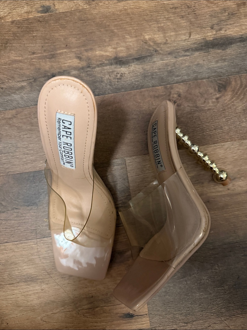 Cape Robbin Nude Clear Strap Gold Beaded Heel Mules